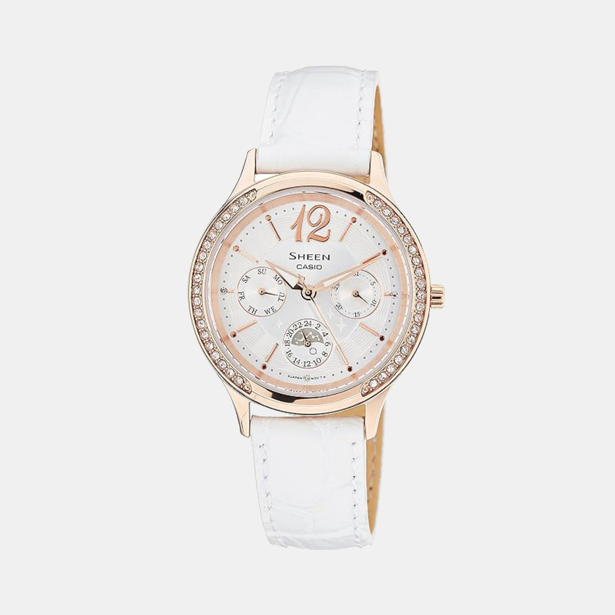 Sheen Women Quartz White Dial Multi-Function Leather Watch SX089