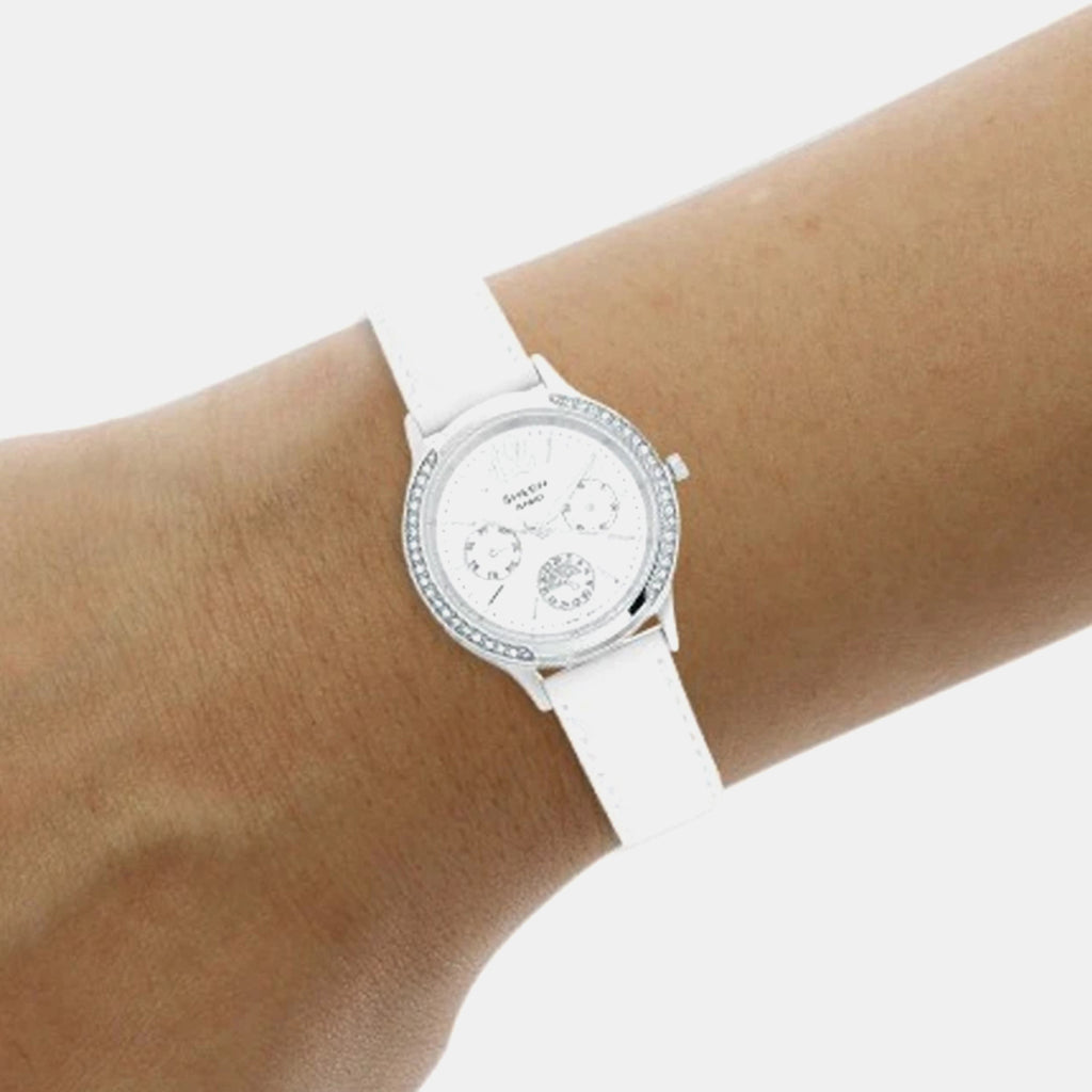 Sheen Women Quartz Silver Dial Multi-Function Leather Watch SX090
