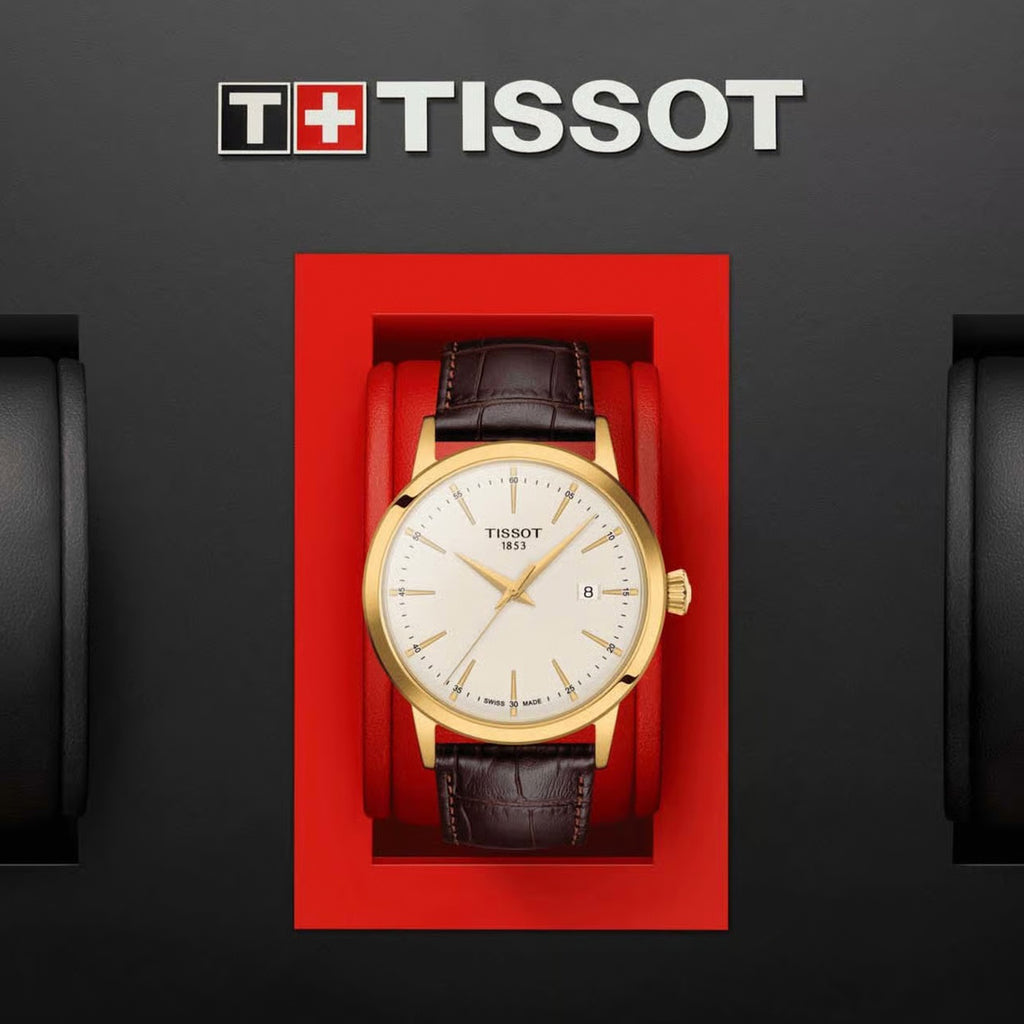 Classic Men Quartz Beige Dial Analog Leather Watch T1294103626100