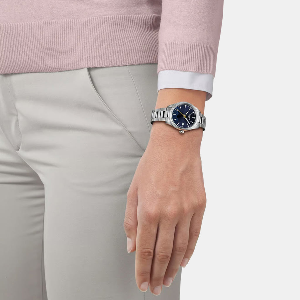 PR 100 Women Quartz Blue Dial Analog Stainless Steel Watch T1502101104101