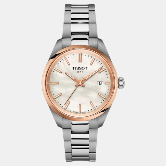 Pr 100 Women Quartz White Mother Of Pearl Dial Analog Stainless Steel Watch T1502102111100