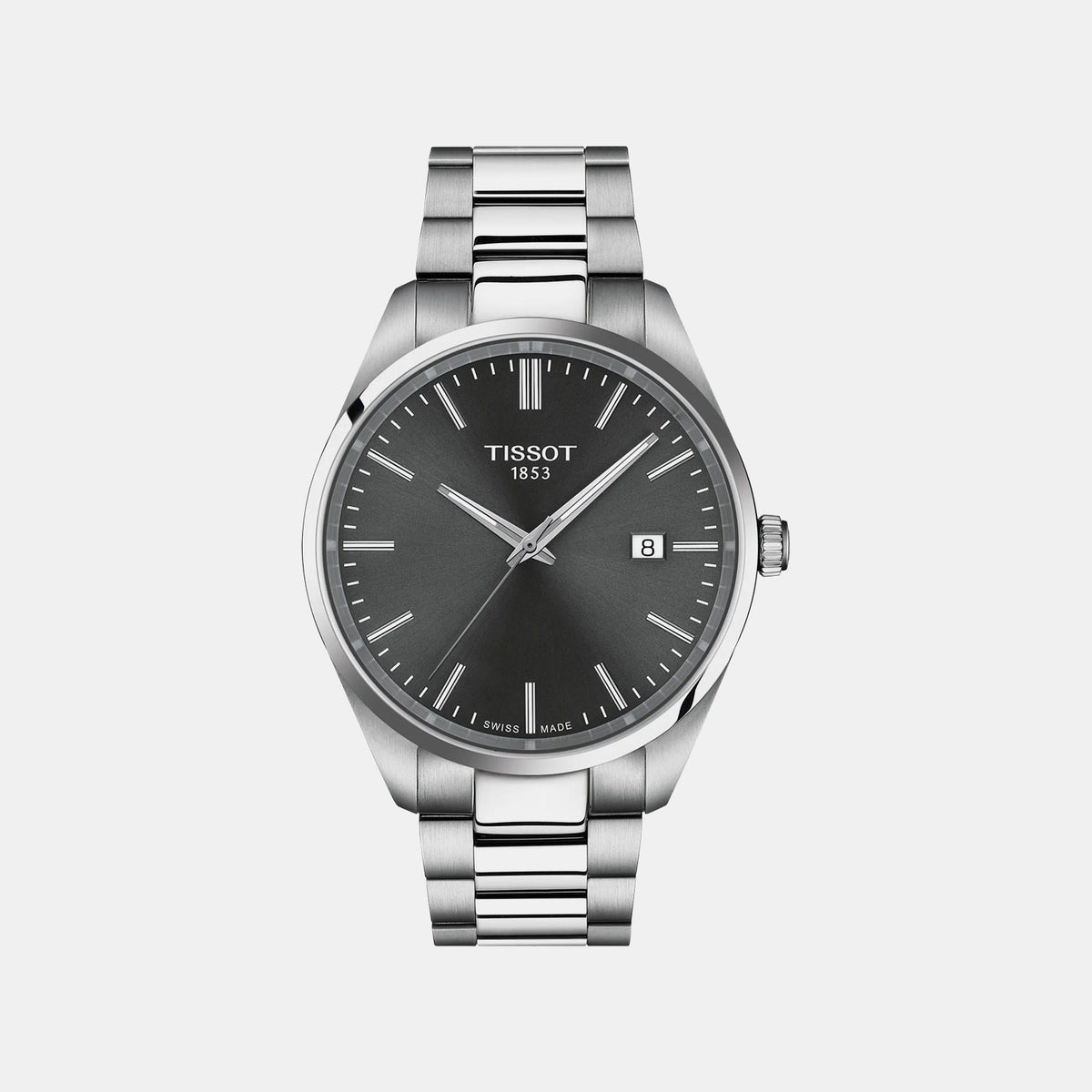 Pr 100 Men Quartz Grey Dial Analog Stainless Steel Watch T1504101108100