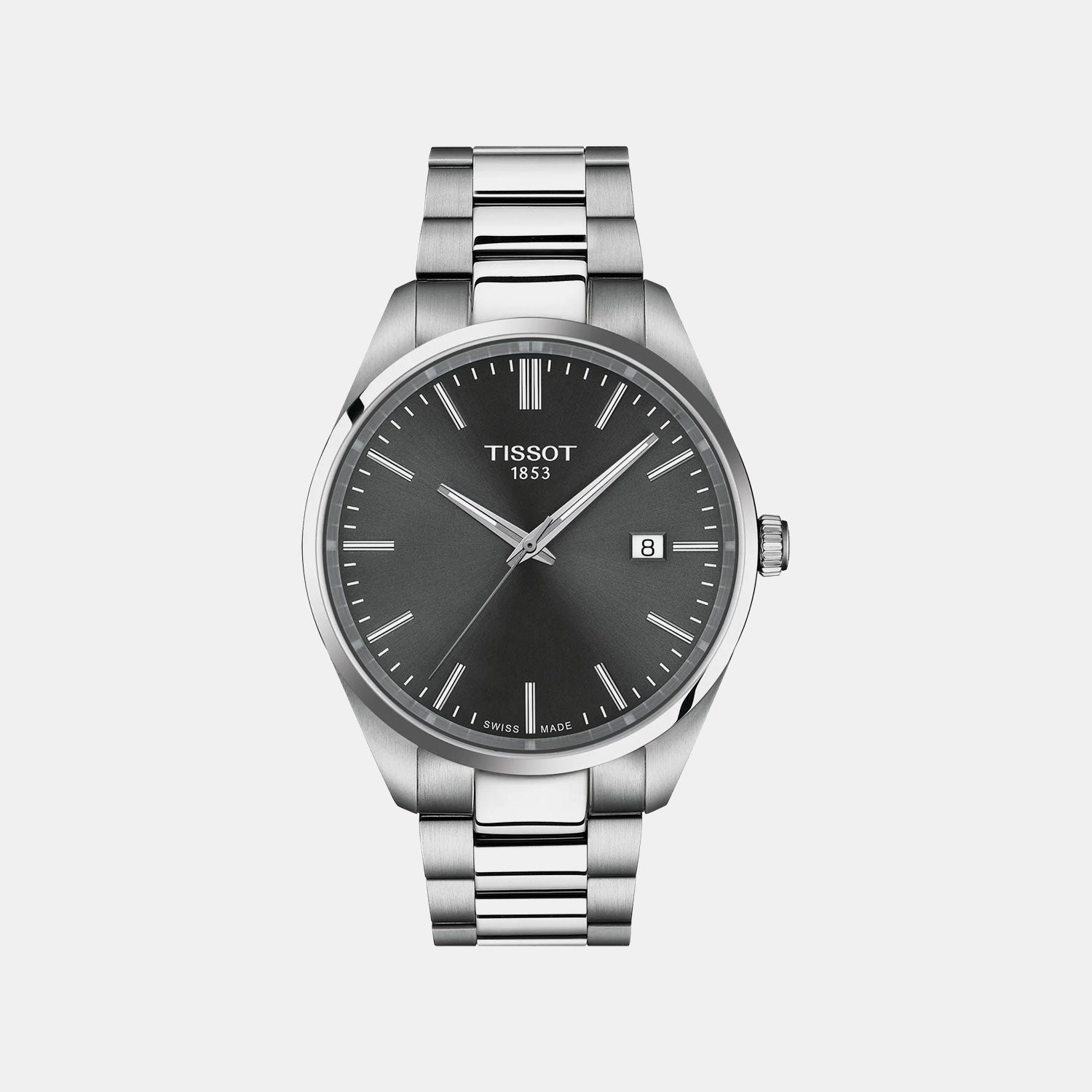 Pr 100 Men Quartz Grey Dial Analog Stainless Steel Watch T1504101108100