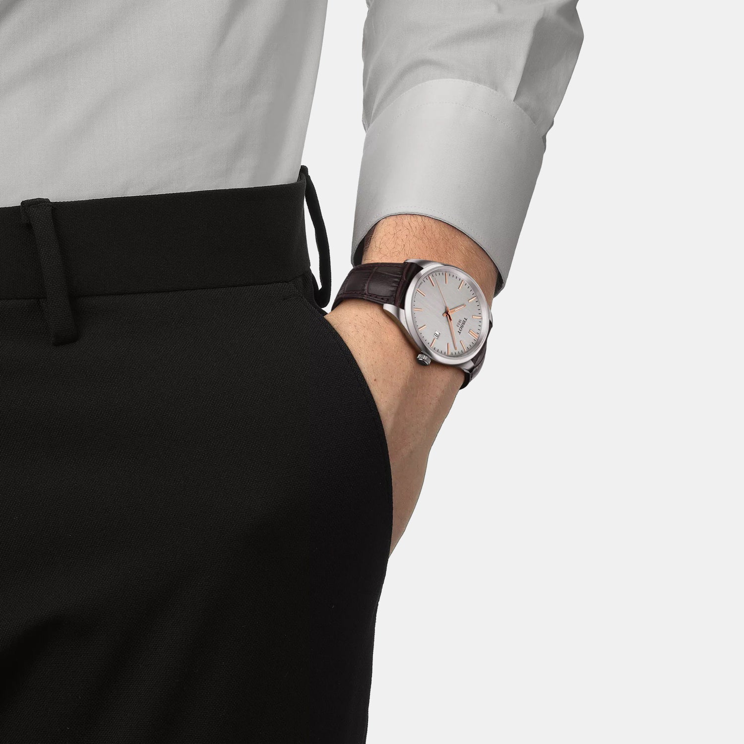 PR 100 Men Quartz Silver Dial Analog Leather Watch T1504101603100