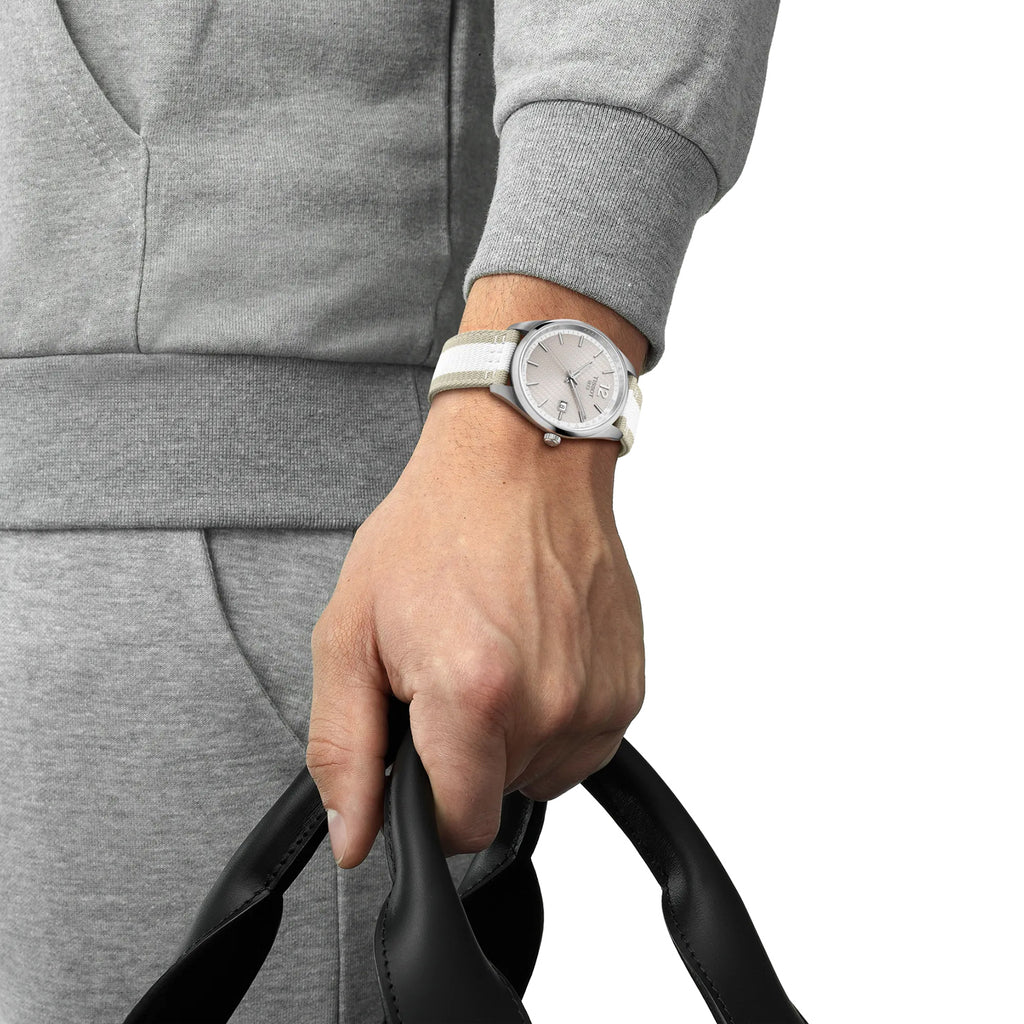 Classic Contemporary Men Quartz Grey Dial Analog Fabric Watch T1504101703700