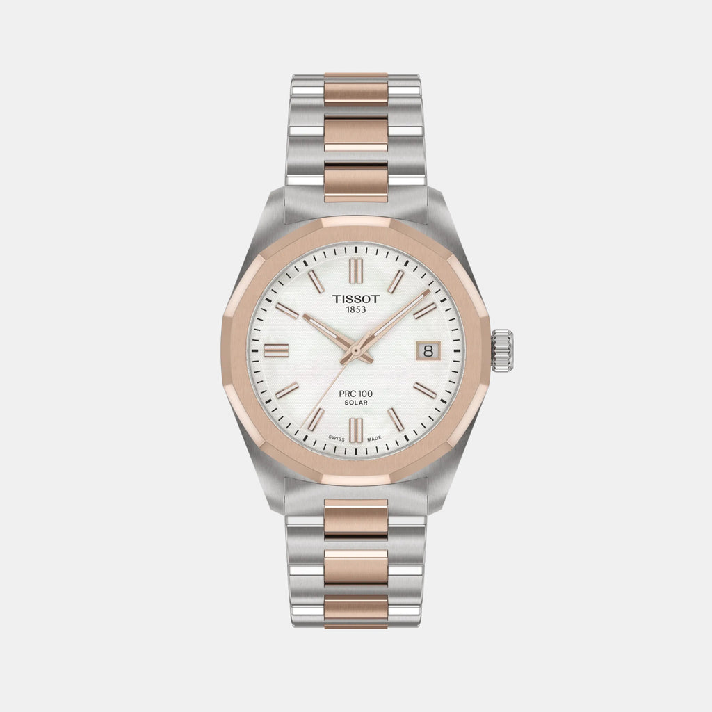 PRC 100 Solar Women White Mother Of Pearl Dial Analog Stainless Steel Watch T1518222211100