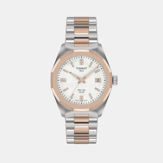 PRC 100 Solar Women White Mother Of Pearl Dial Analog Stainless Steel Watch T1518222211100