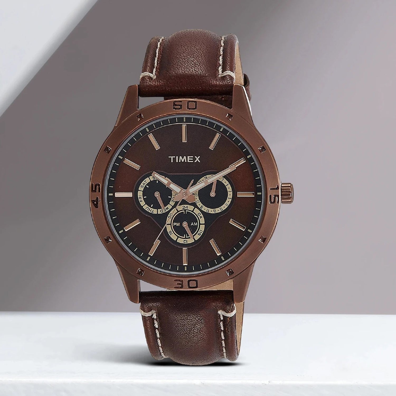 Fashion Men Quartz Brown Dial Multi-Function Leather Watch TW000U914