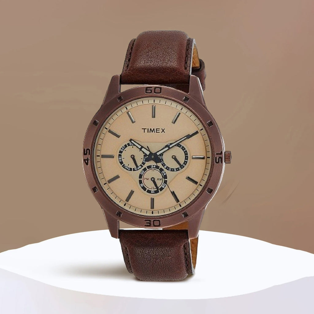 Fashion Men Quartz Brown Dial Multi-Function Leather Watch TW000U915