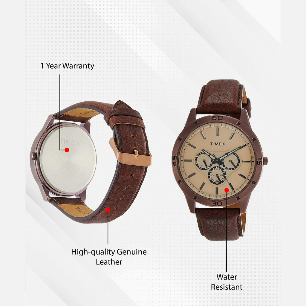 Fashion Men Quartz Brown Dial Multi-Function Leather Watch TW000U915