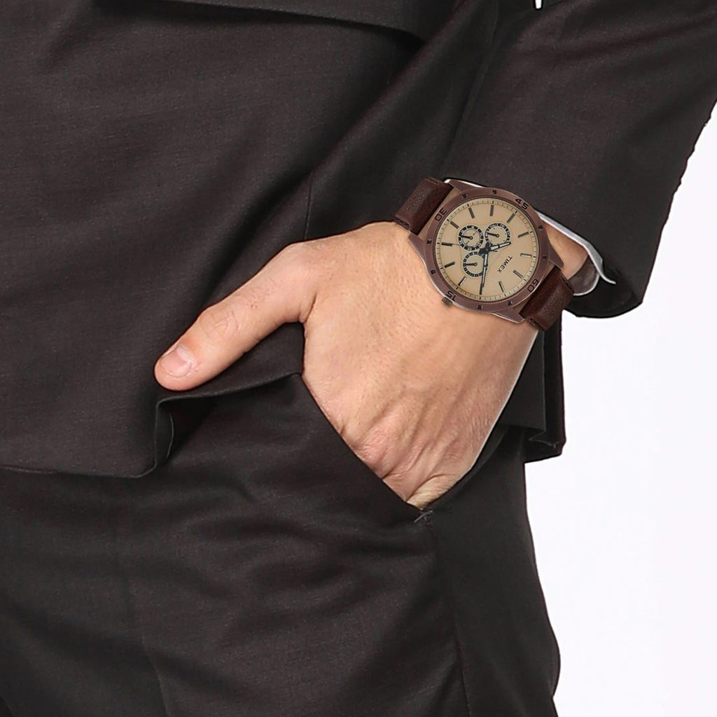 Fashion Men Quartz Brown Dial Multi-Function Leather Watch TW000U915