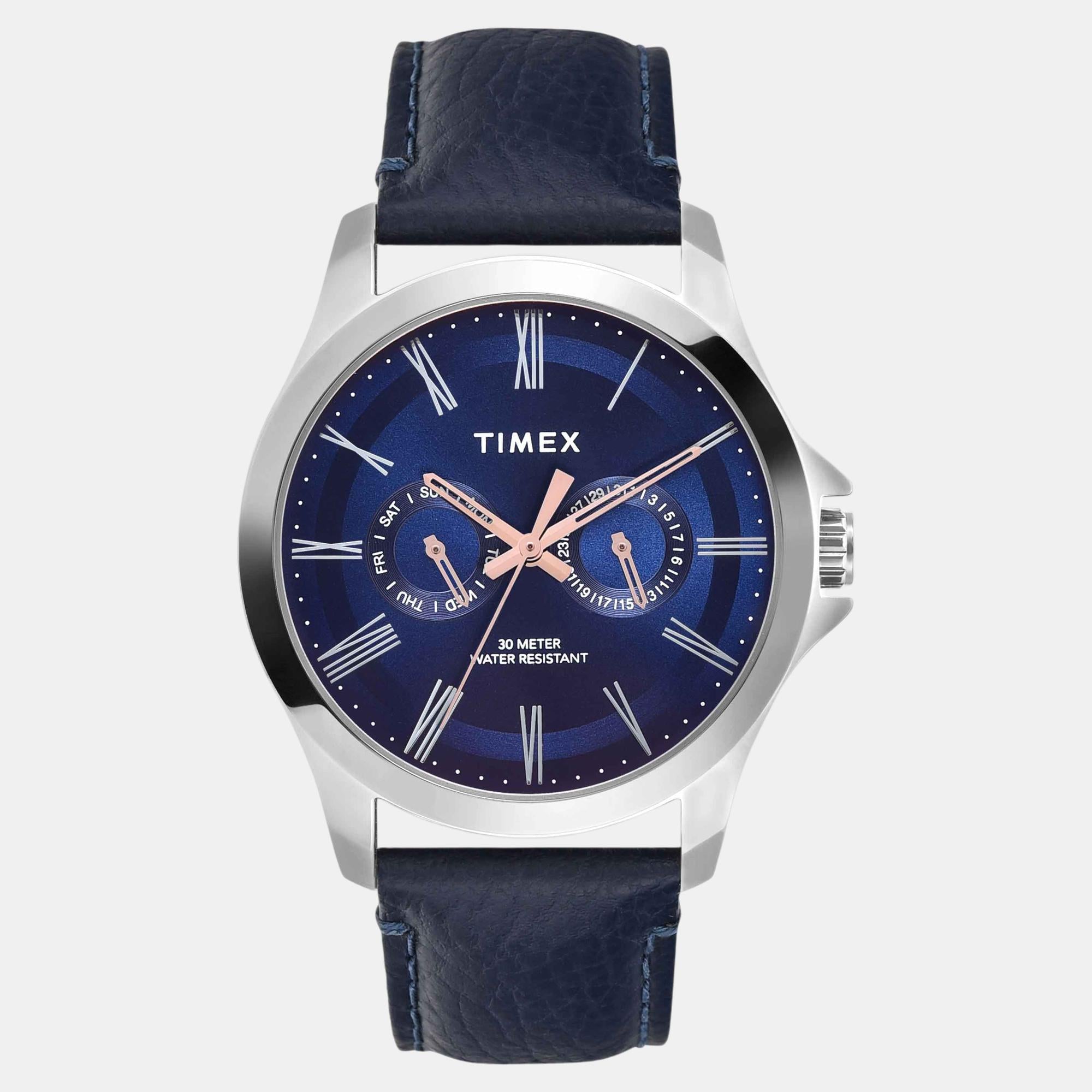 Fashion Men Quartz Blue Dial Analog Leather Watch TW000X132