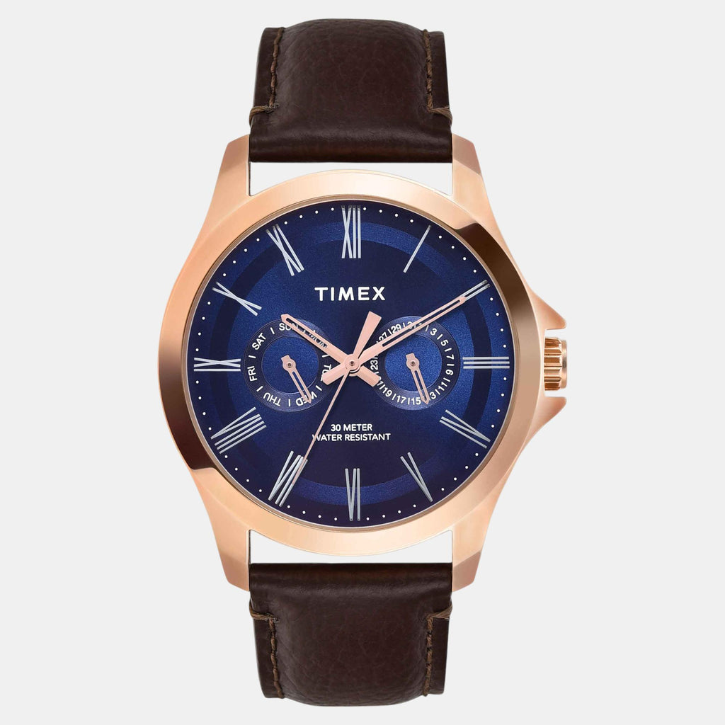 Fashion Men Quartz Blue Dial Analog Leather Watch TW000X133