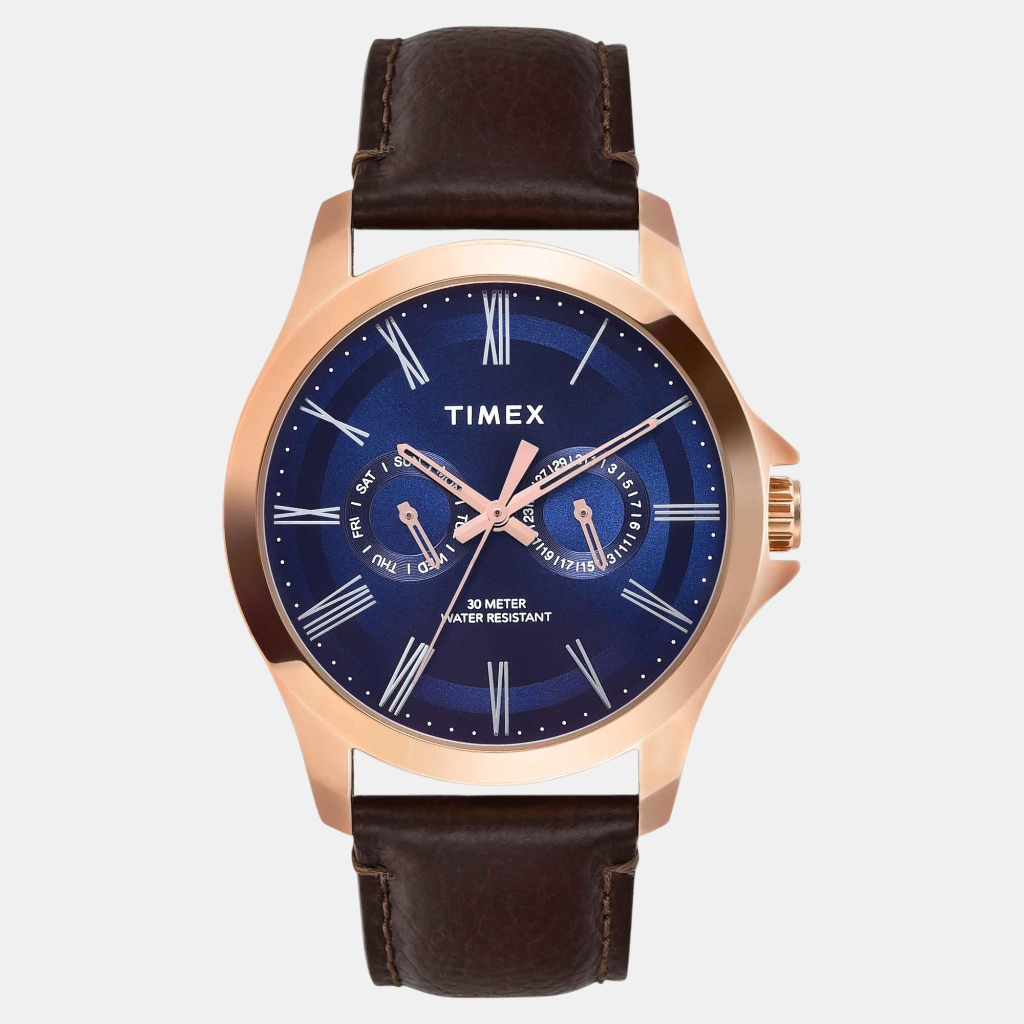 Fashion Men Quartz Blue Dial Analog Leather Watch TW000X133