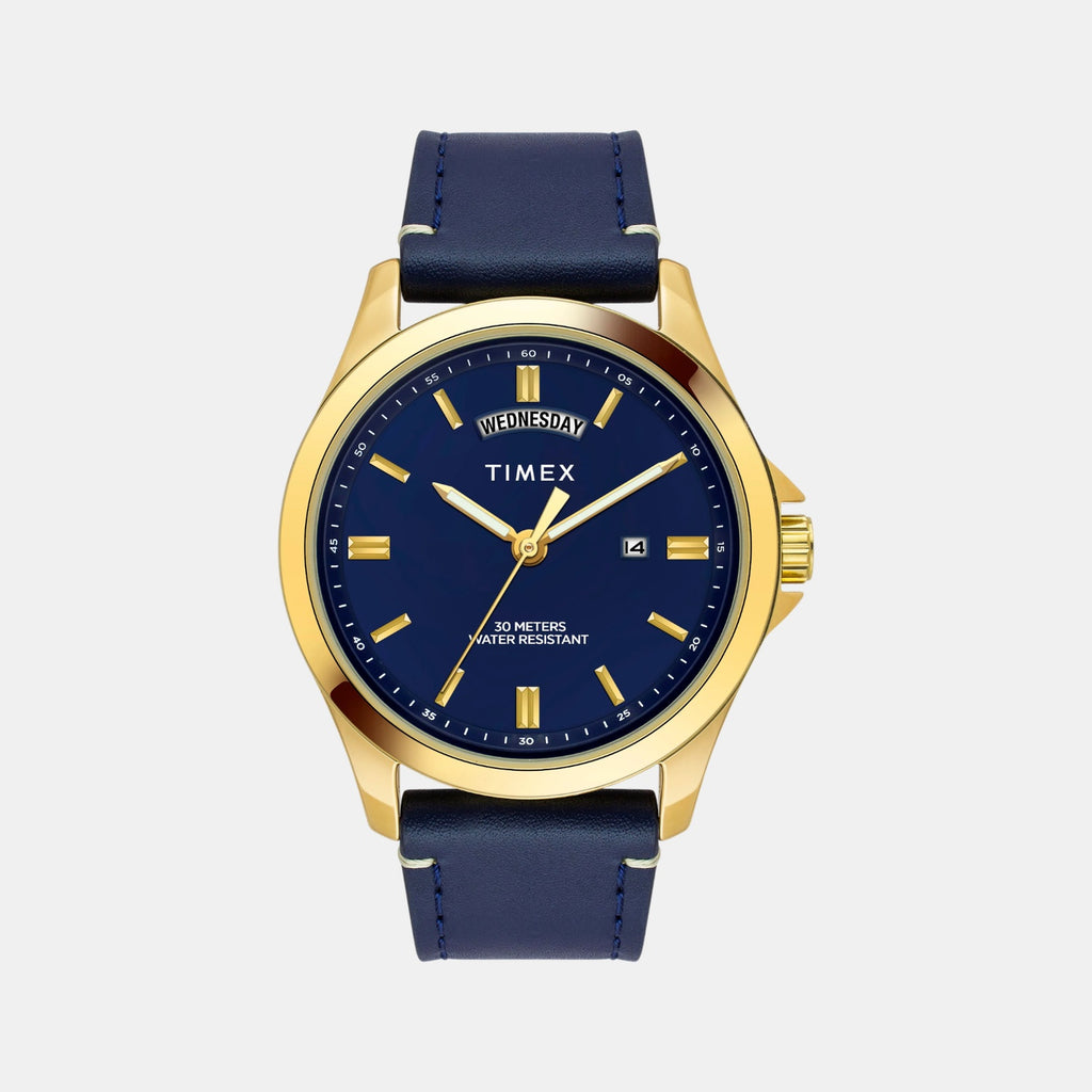 Fashion Men Quartz Blue Dial Analog Leather Watch TW000X140