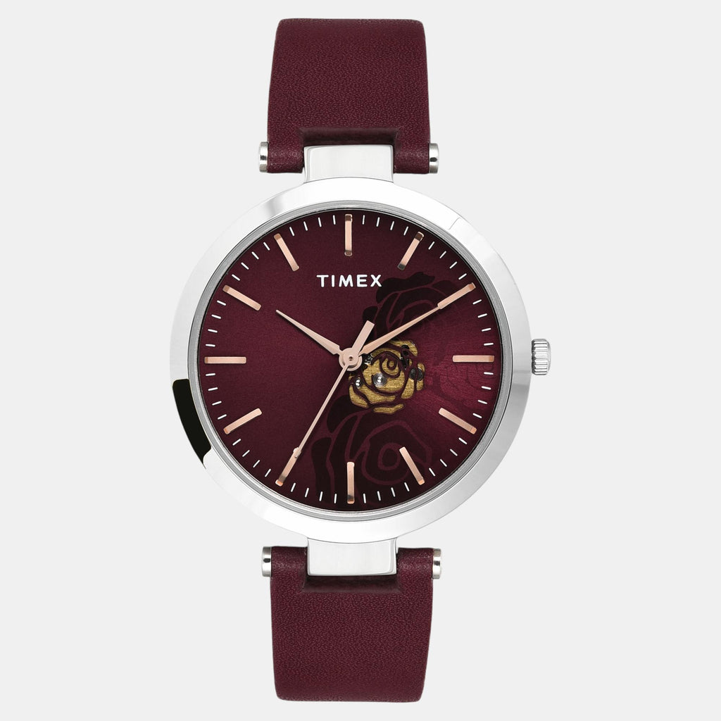 Fashion Women Quartz Burgundy Dial Analog Leather Watch TW000X245