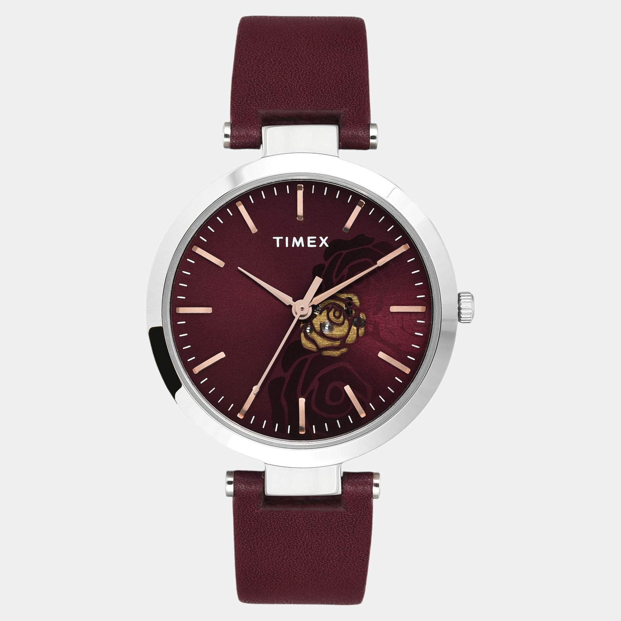 Fashion Women Quartz Burgundy Dial Analog Leather Watch TW000X245