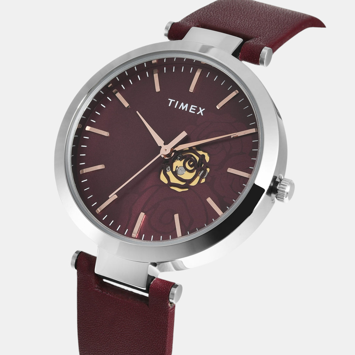 Fashion Women Quartz Burgundy Dial Analog Leather Watch TW000X245