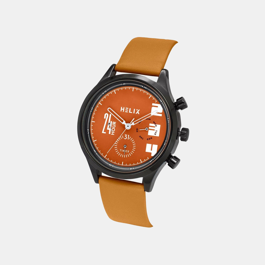 Men Quartz Orange Dial Multi-Function Leather Watch TW003HG27