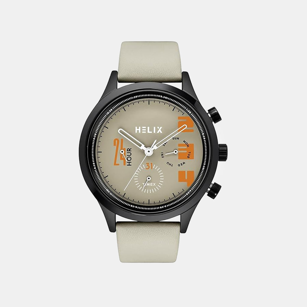 Men Quartz Beige Dial Multi-Function Leather Watch TW003HG30