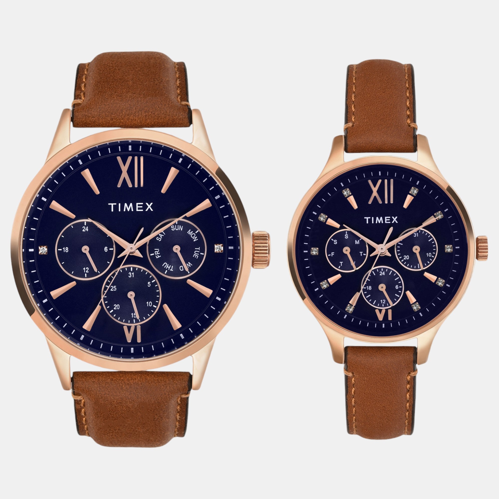 Fashion Couple Quartz Blue Dial Multi-Function Leather Watch TW00PR302