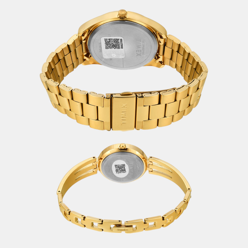 Fashion Couple Quartz Beige Dial Analog Stainless Steel Watch TW00PR307