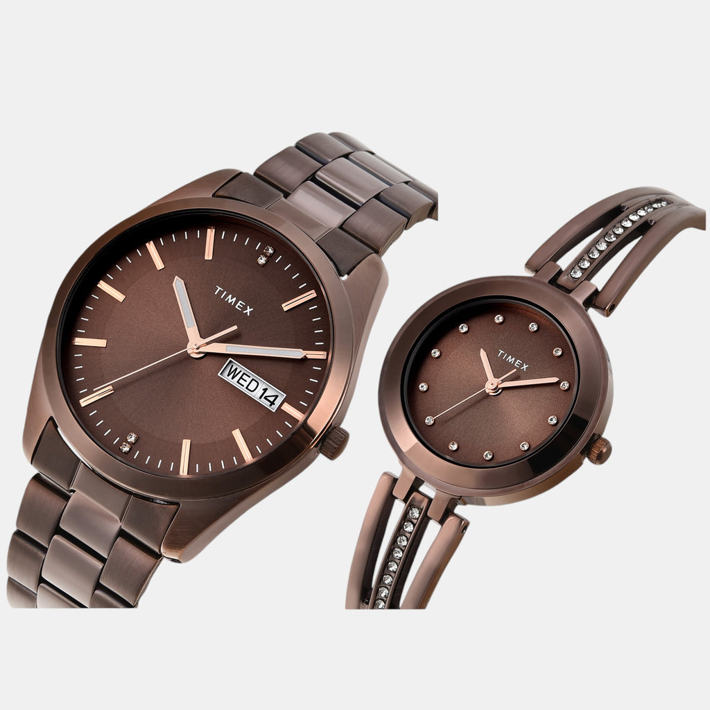 Fashion Couple Quartz Brown Dial Analog Stainless Steel Watch TW00PR311