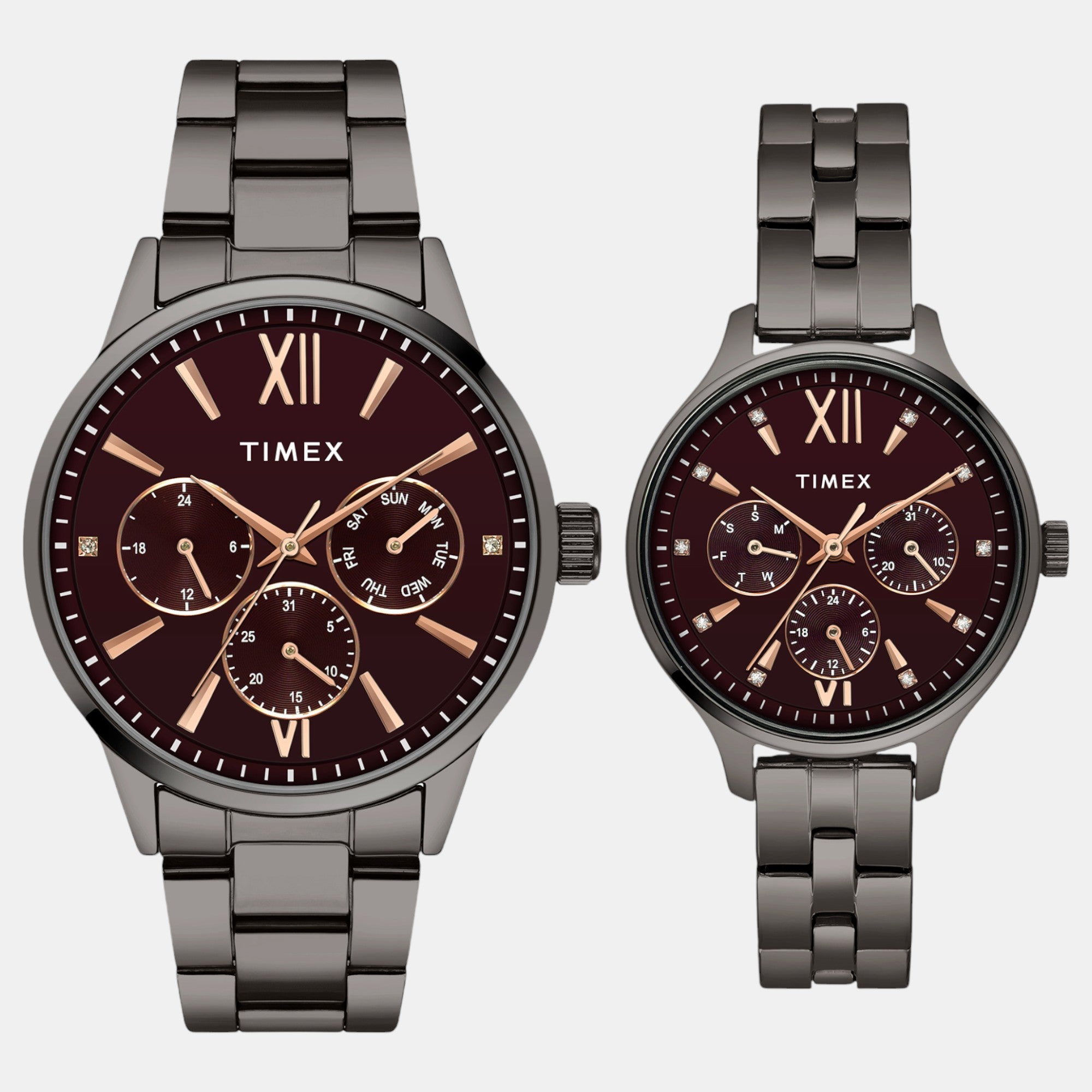 Fashion Couple Quartz Burgundy Dial Multi-Function Stainless Steel Watch TW00PR314