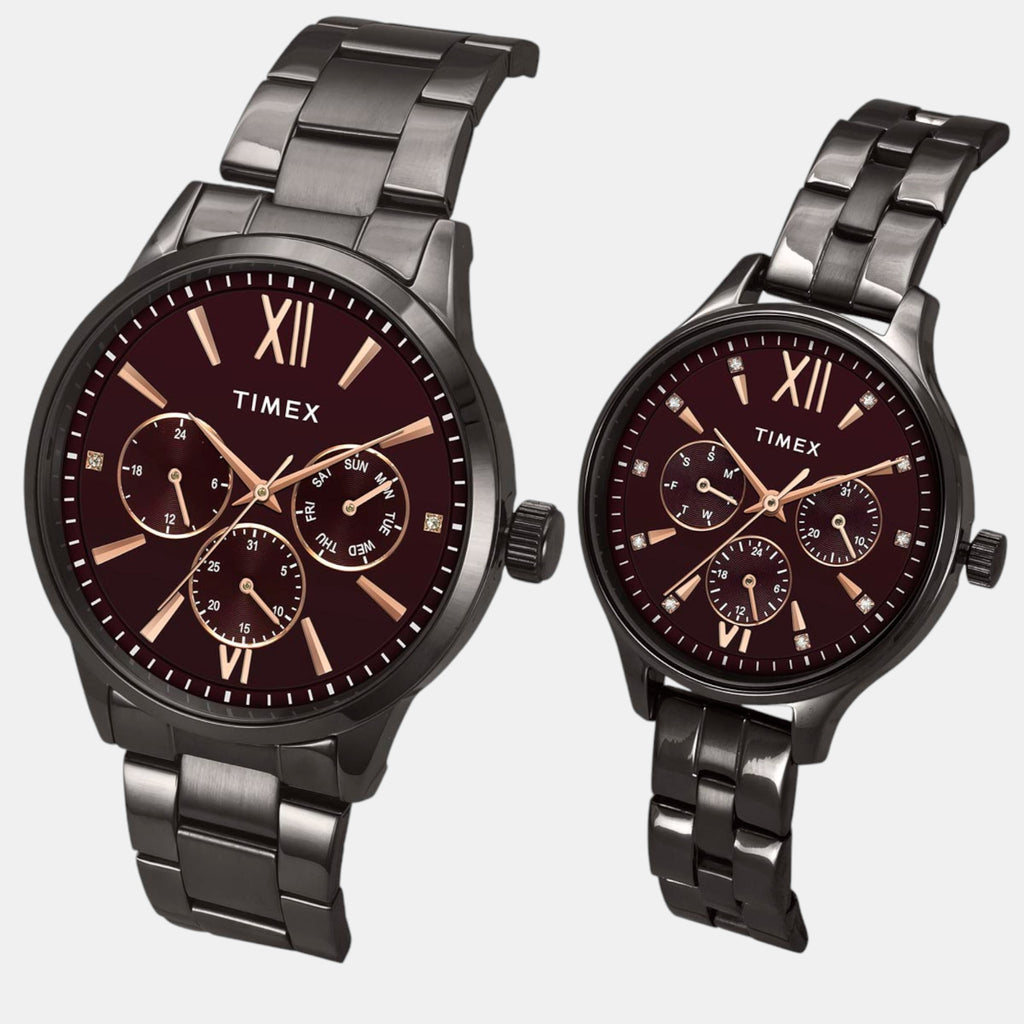 Fashion Couple Quartz Burgundy Dial Multi-Function Stainless Steel Watch TW00PR314
