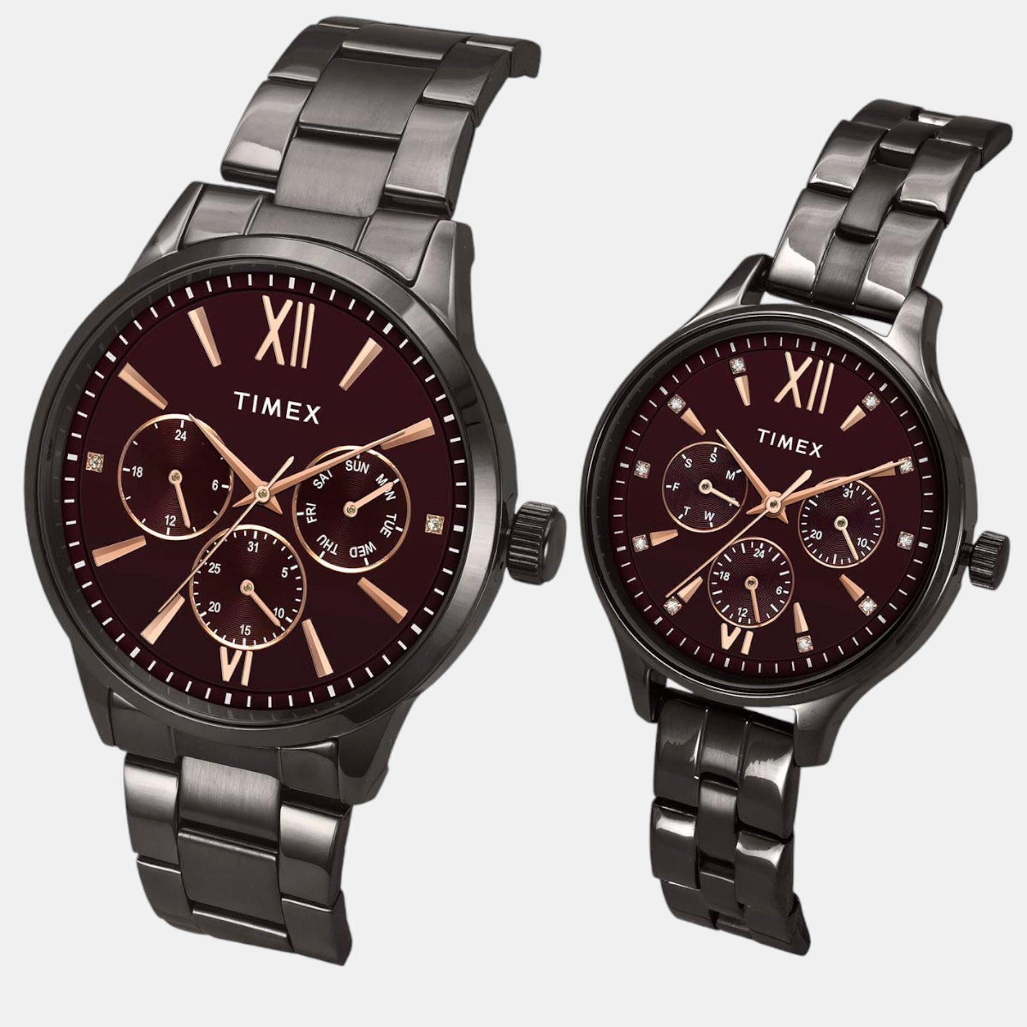 Fashion Couple Quartz Burgundy Dial Multi-Function Stainless Steel Watch TW00PR314