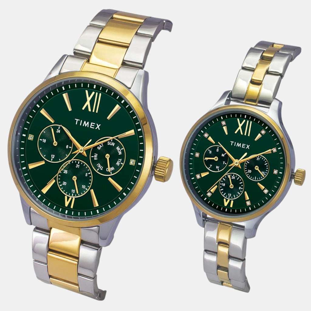 Fashion Couple Quartz Teal Dial Multi-Function Stainless Steel Watch TW00PR315