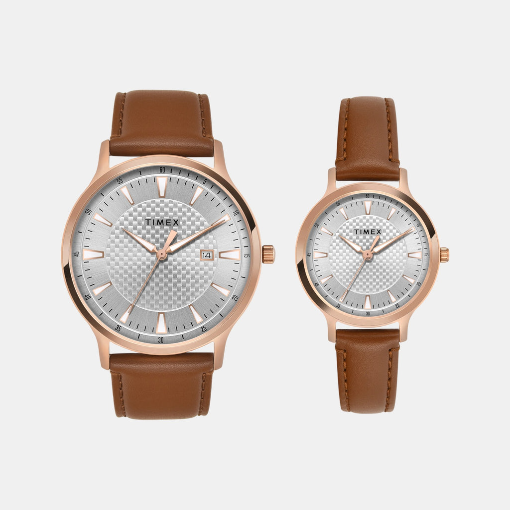 Fashion Couple Quartz Silver Dial Analog Leather Watch TW00PR320
