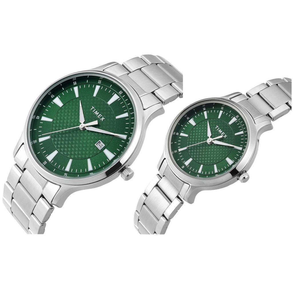 Fashion Couple Quartz Green Dial Analog Stainless Steel Watch TW00PR321