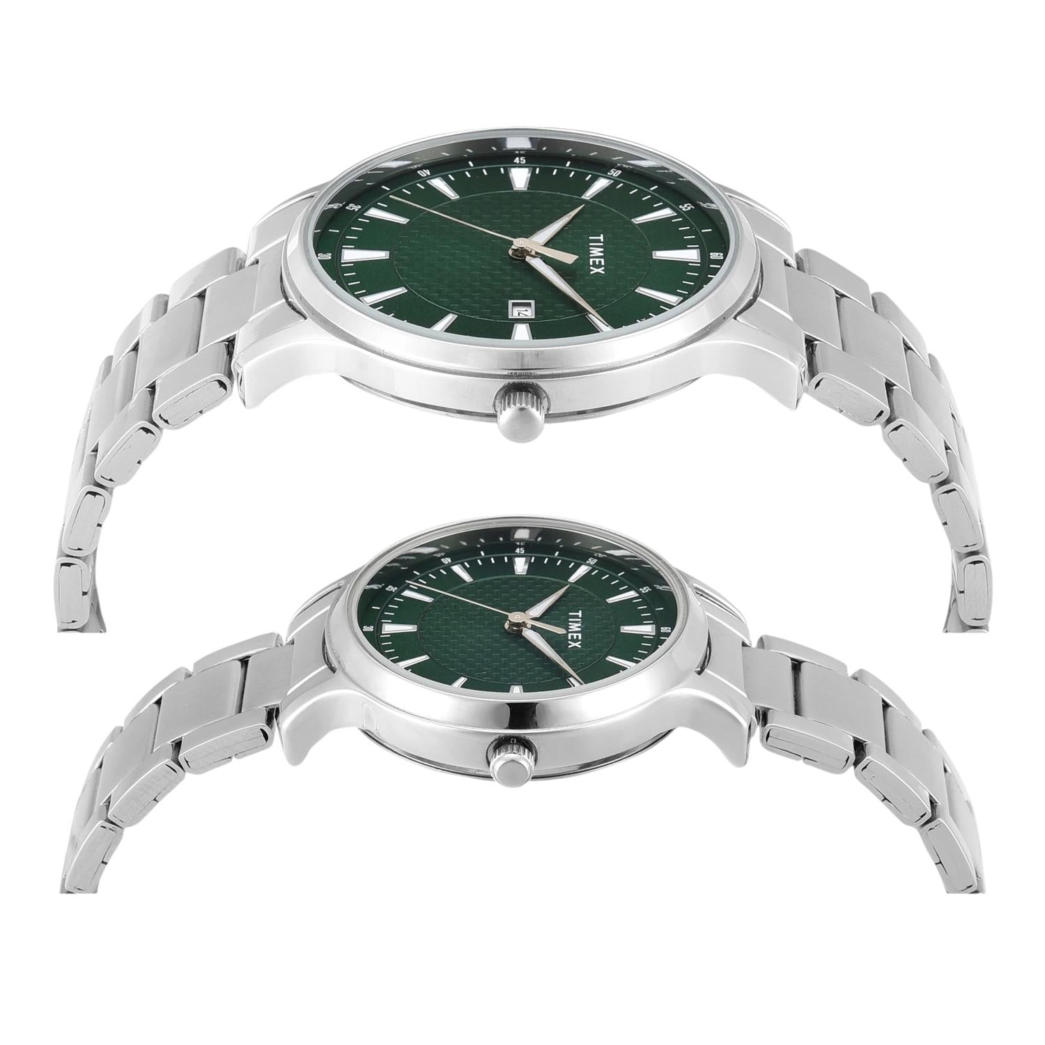 Fashion Couple Quartz Green Dial Analog Stainless Steel Watch TW00PR321