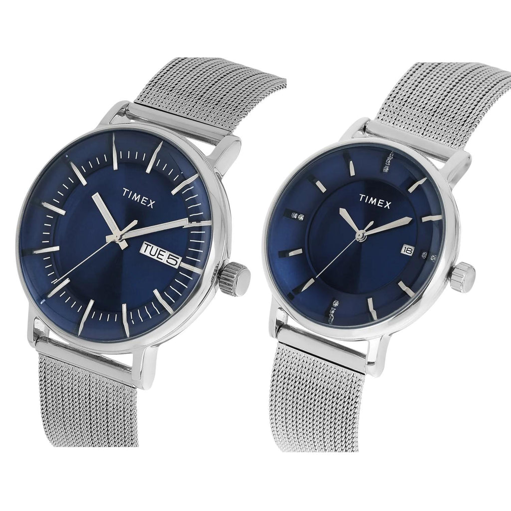 Fashion Couple Quartz Blue Dial Analog Stainless Steel Watch TW00PR323