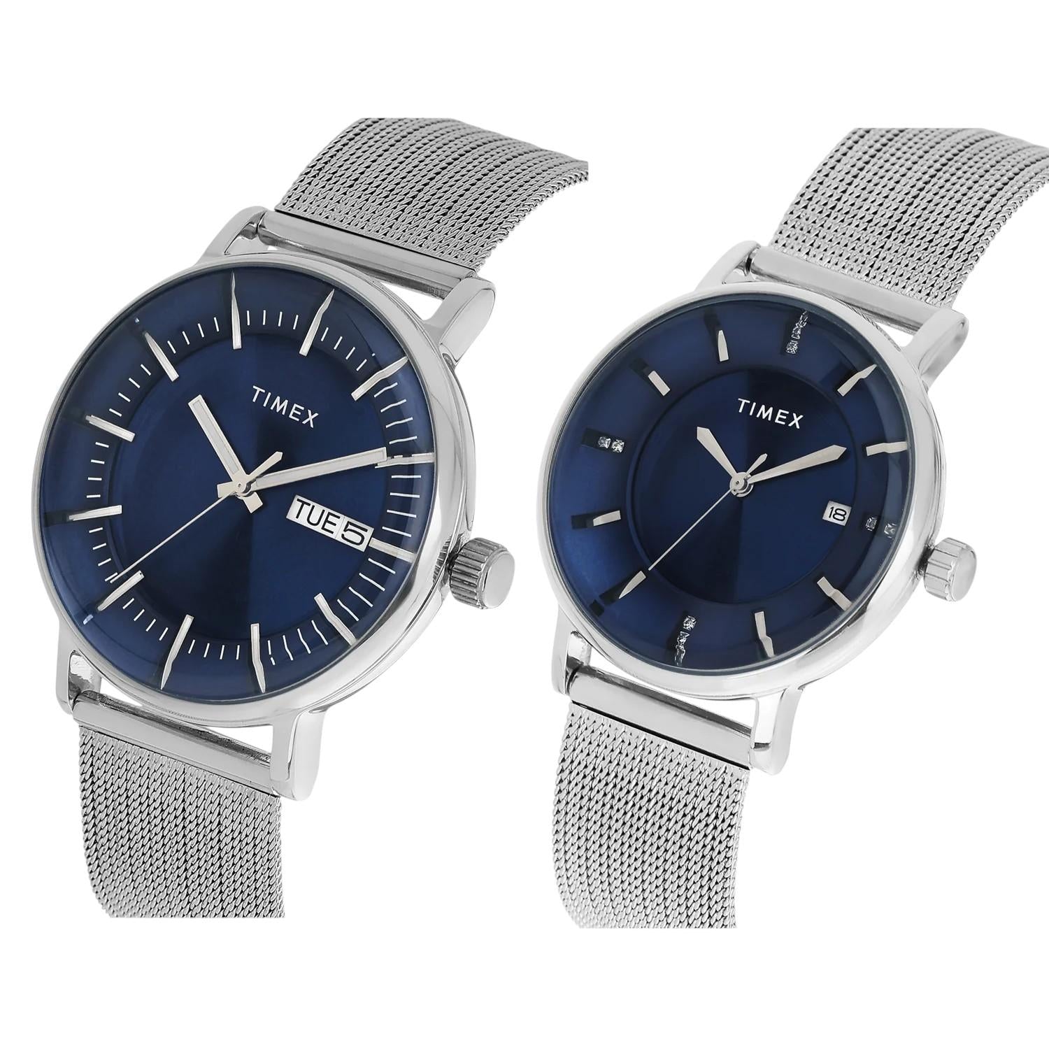 Fashion Couple Quartz Blue Dial Analog Stainless Steel Watch TW00PR323