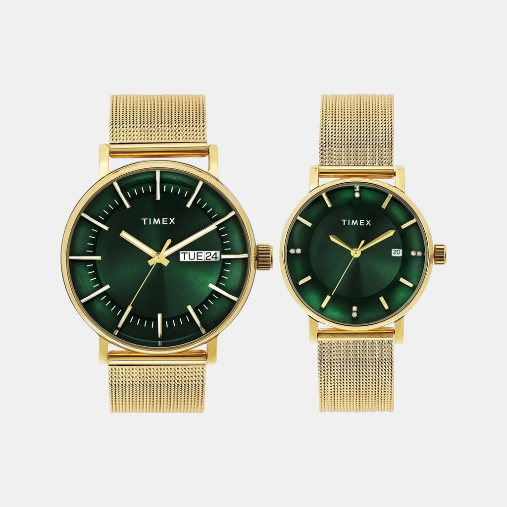 Fashion Couple Quartz Green Dial Analog Stainless Steel Watch TW00PR324