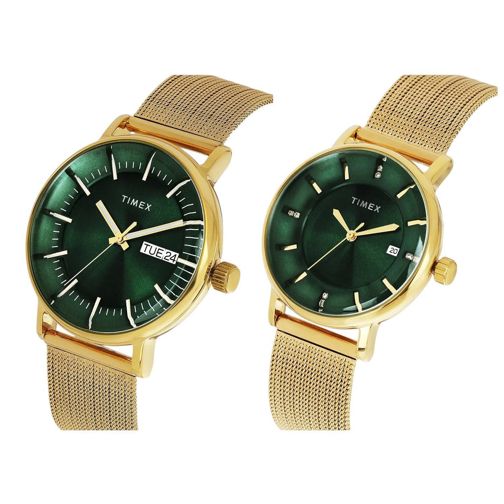 Fashion Couple Quartz Green Dial Analog Stainless Steel Watch TW00PR324