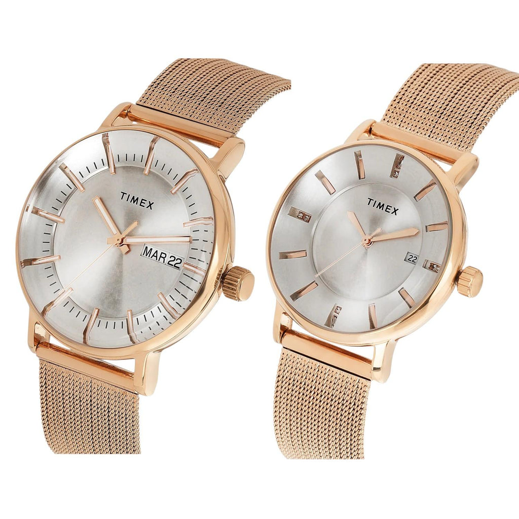 Fashion Couple Quartz Silver Dial Analog Stainless Steel Watch TW00PR325