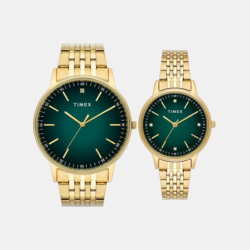 Fashion Couple Quartz Green Dial Analog Stainless Steel Watch TW00PR327