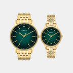 Fashion Couple Quartz Green Dial Analog Stainless Steel Watch TW00PR327