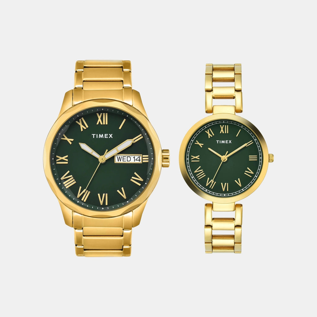 Fashion Couple Quartz Green Dial Analog Stainless Steel Watch TW00PR339