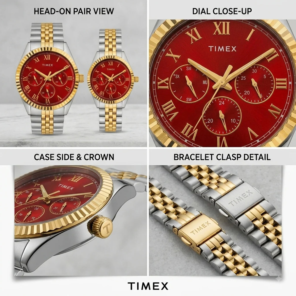 Couple Quartz Red Dial Multi-Function Stainless Steel Watch TW00PR365