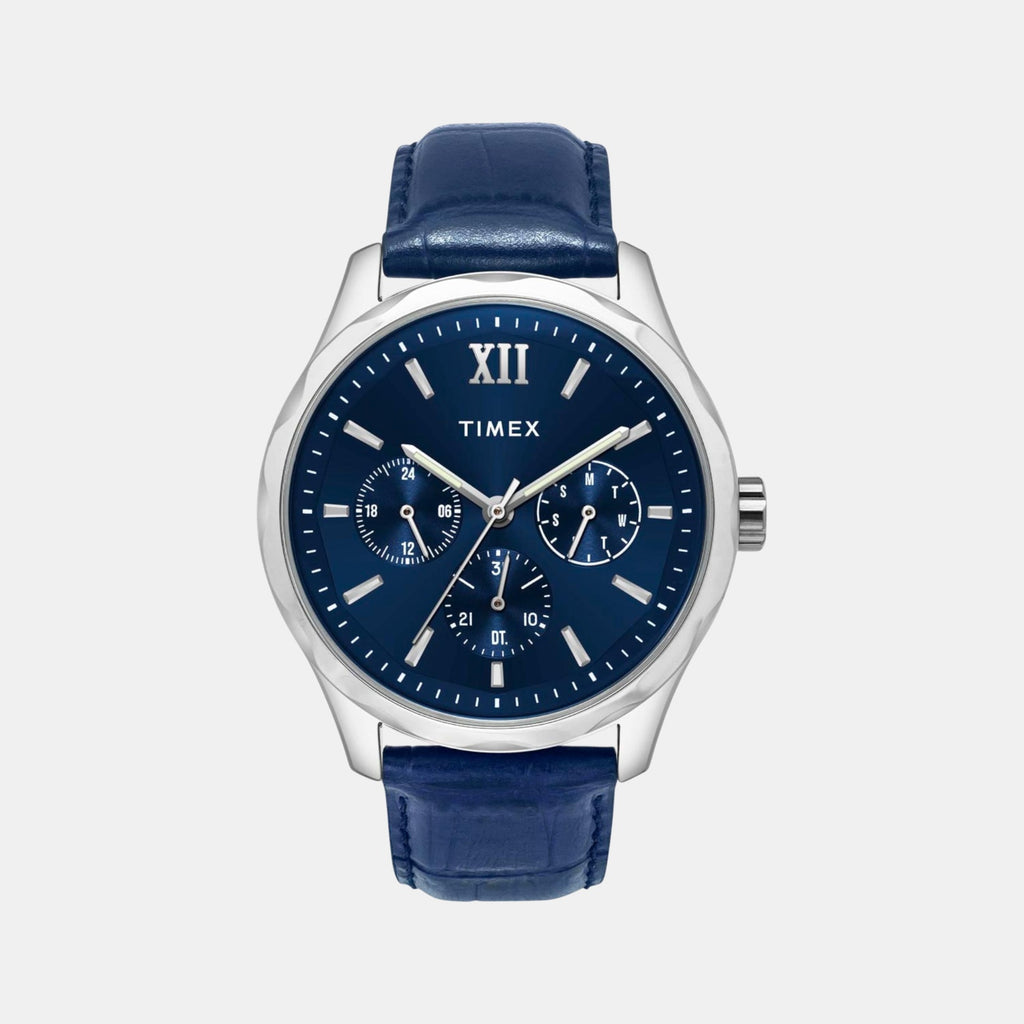 Fashion Men Quartz Blue Dial Multi-Function Leather Watch TW0TG7632