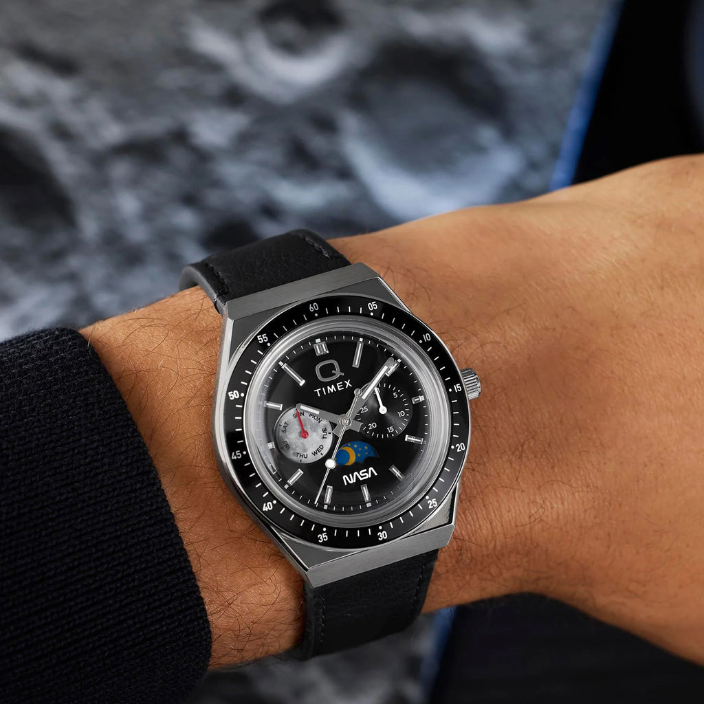 Q Timex Nasa Men Quartz Black Dial Multi-Function Leather Watch TW2Y56800UJ