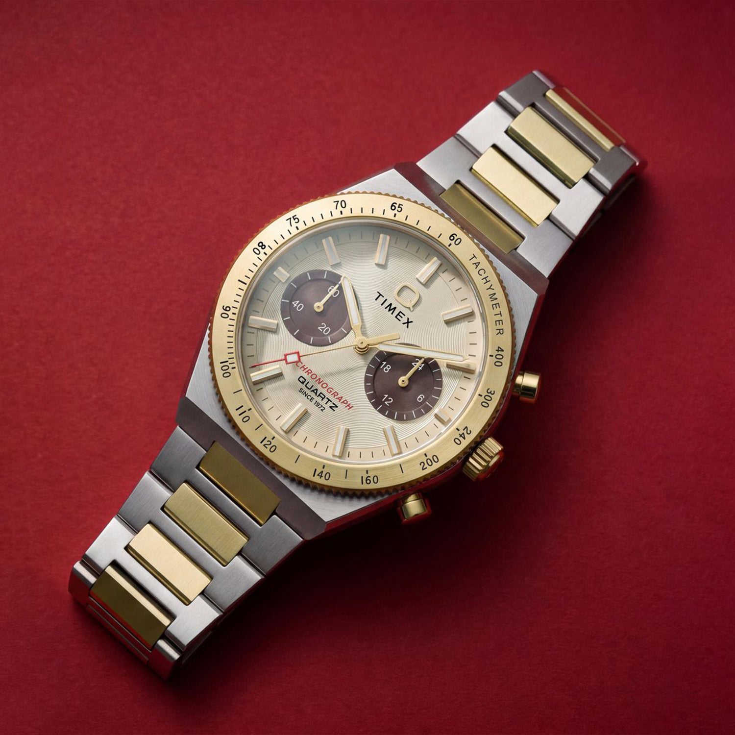 Q Timex Unisex Quartz Gold Dial Analog Stainless Steel Watch TW2Y92300UJ