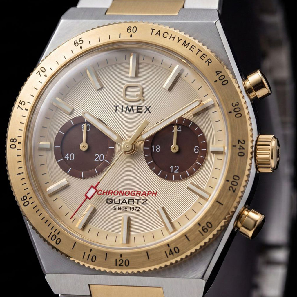 Q Timex Unisex Quartz Gold Dial Analog Stainless Steel Watch TW2Y92300UJ