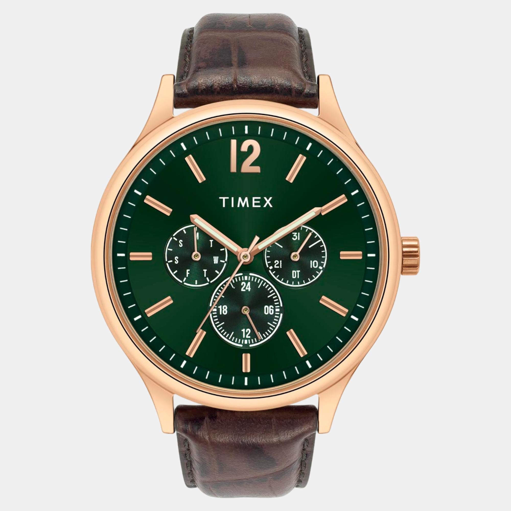 Fashion Men Quartz Green Dial Multi-Function Leather Watch TWEG18434