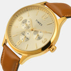Fashion Men Quartz Champagne Dial Multi-Function Leather Watch TWEG18439