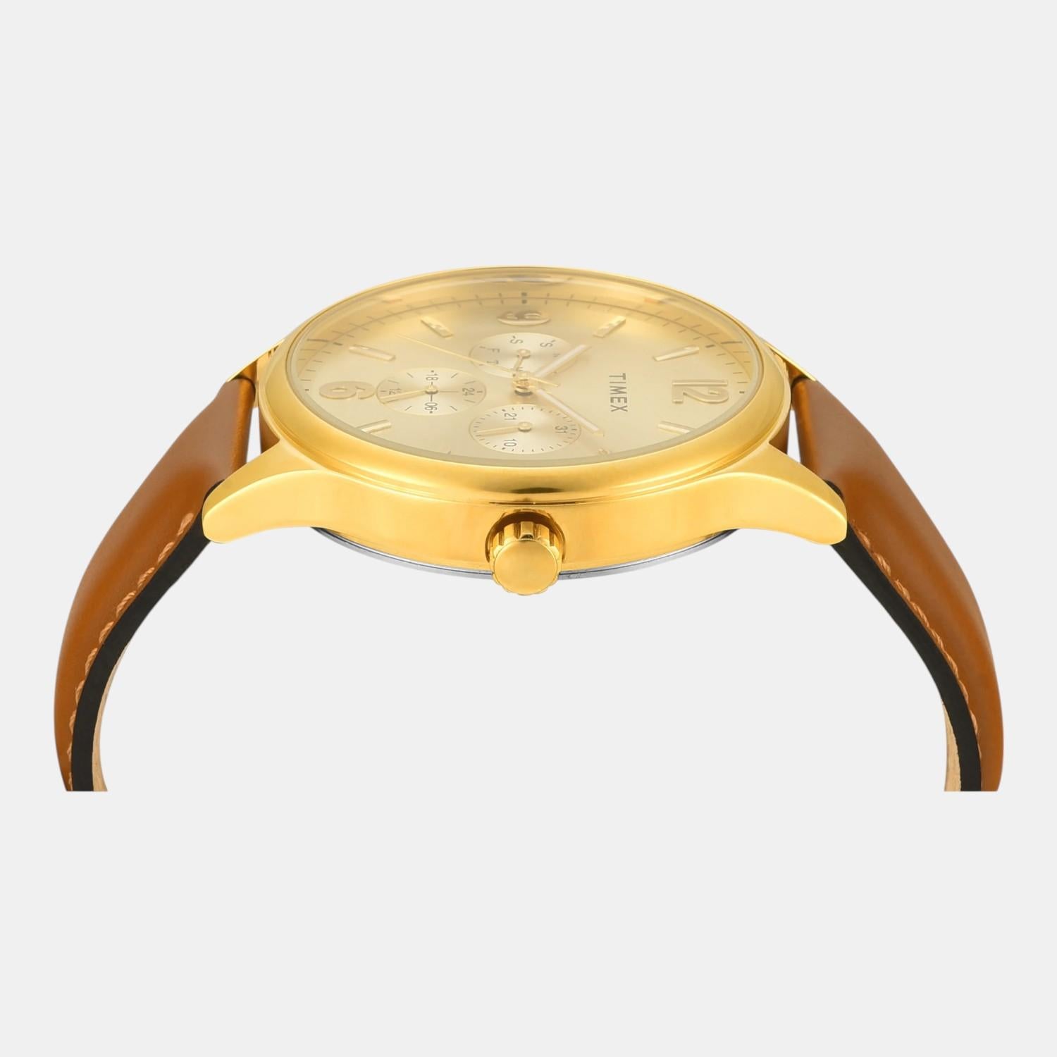 Fashion Men Quartz Champagne Dial Multi-Function Leather Watch TWEG18439